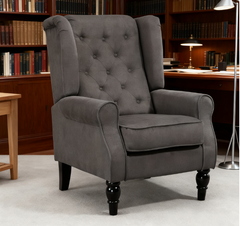 Modern accent Chair , Button-Tufted  with Round Armrests and Wood Legs, Dark Gray