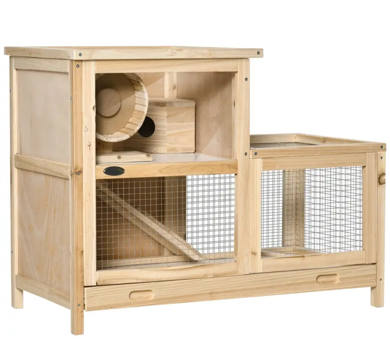 2-Tier Wooden Hamster Cage, Small Animals Hutch,Natural
