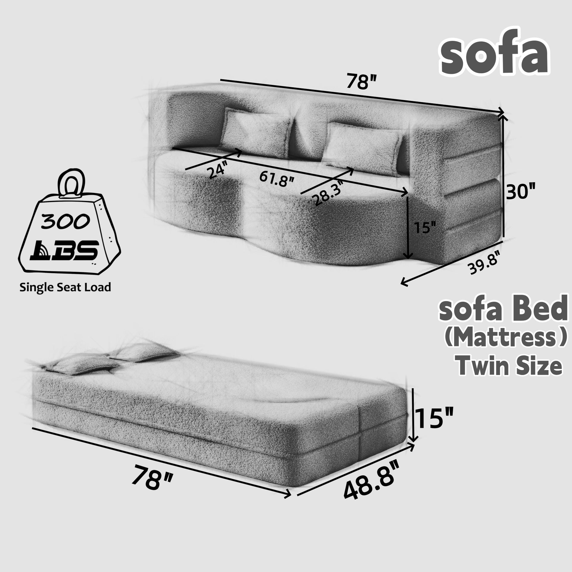 Modern Floor Sofa with 2 Pillows,Convertible Corduroy Fabric Foam-Filled Sleeper Sofa Bed,15" Twin Size Folding Mattress for Living Room,Guest Bed,Playroom,no assembly required, Green