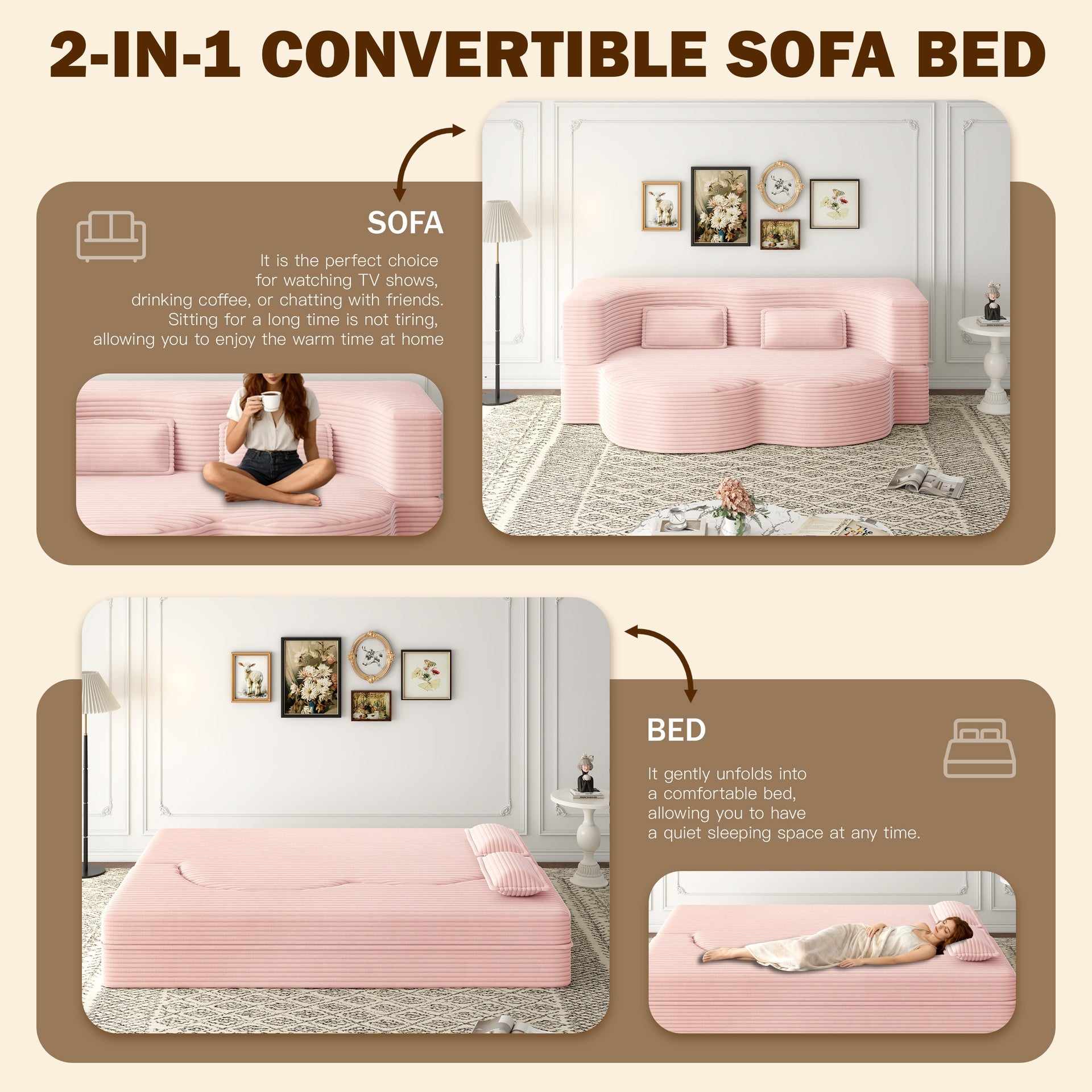 Modern Floor Sofa with 2 Pillows,Convertible Corduroy Fabric Foam-Filled Sleeper Sofa Bed,15" Twin Size Folding Mattress for Living Room,Guest Bed,Playroom,no assembly required,Baby Pink