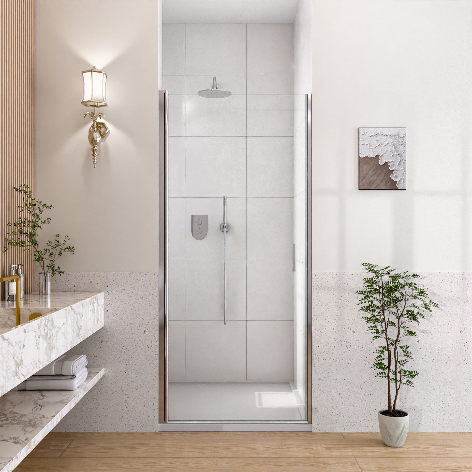 32" W x 72" H Semi-Frameless Circular Pivot Shower Door in Chrome With 1/4" (6mm) Thick SGCC Tempered Glass