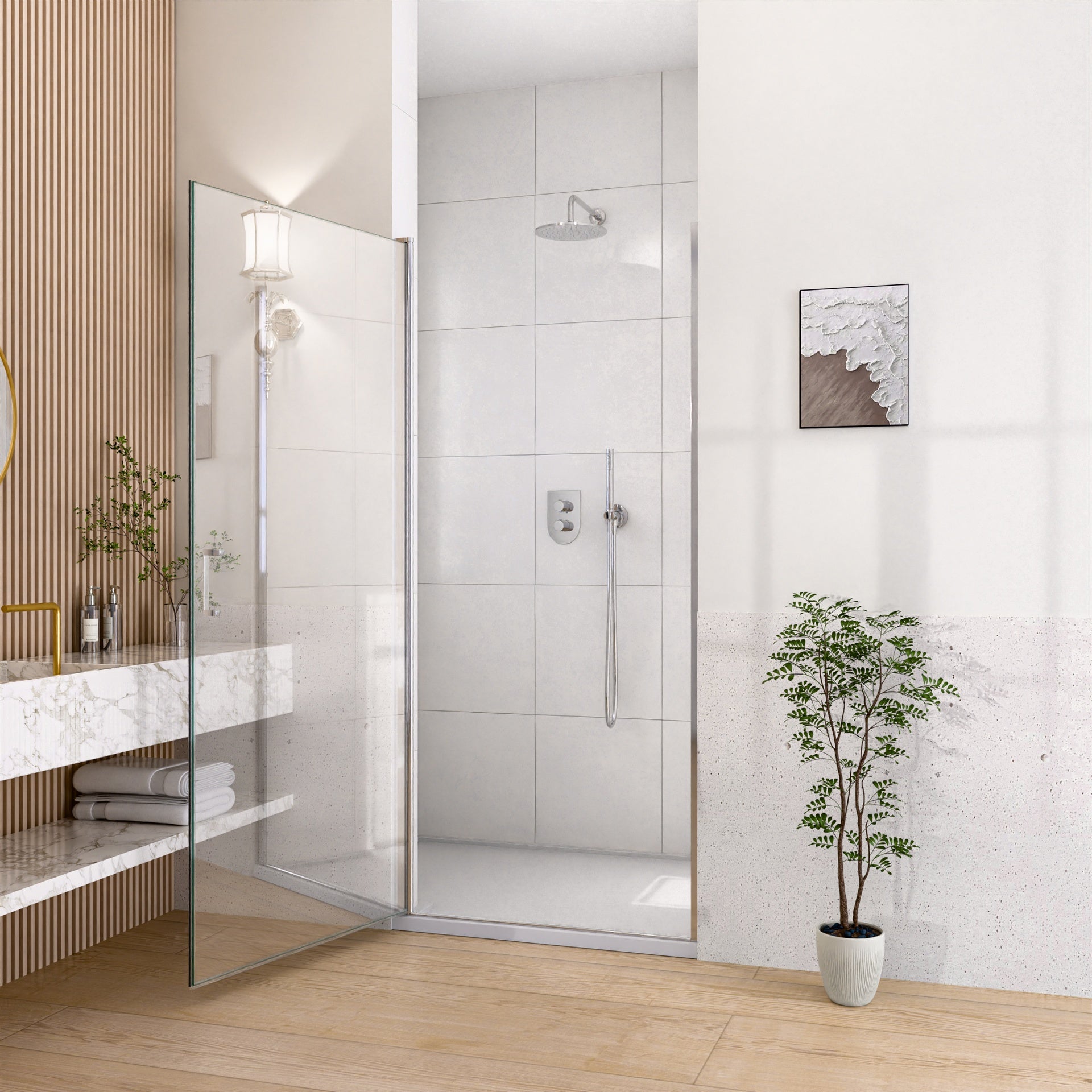 32" W x 72" H Semi-Frameless Circular Pivot Shower Door in Chrome With 1/4" (6mm) Thick SGCC Tempered Glass