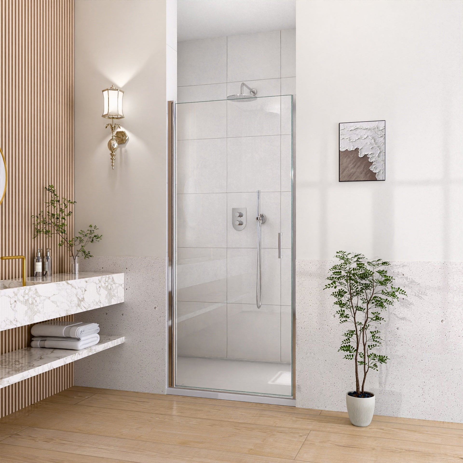 32" W x 72" H Semi-Frameless Circular Pivot Shower Door in Chrome With 1/4" (6mm) Thick SGCC Tempered Glass