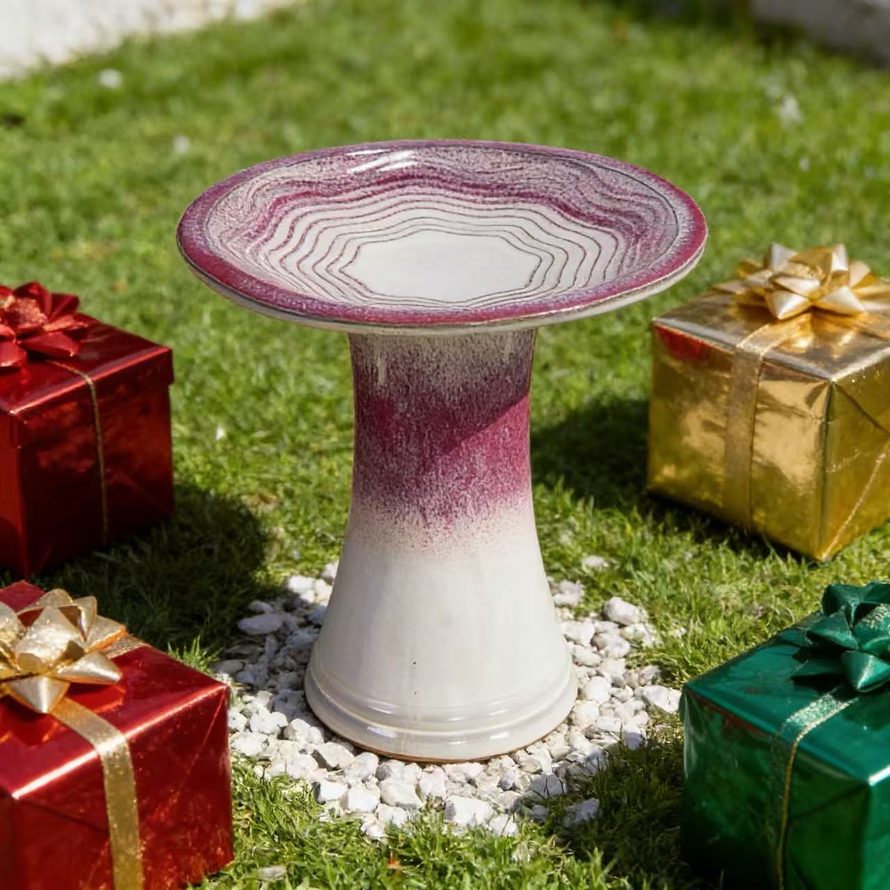 17'' Ceramic Bird Bath for Outside, Elegant Tall Outdoor Bird Bath, Lightweight Pedestal Glazed Birdbaths for Outdoors with Swirl Pattern, Rose Ombre