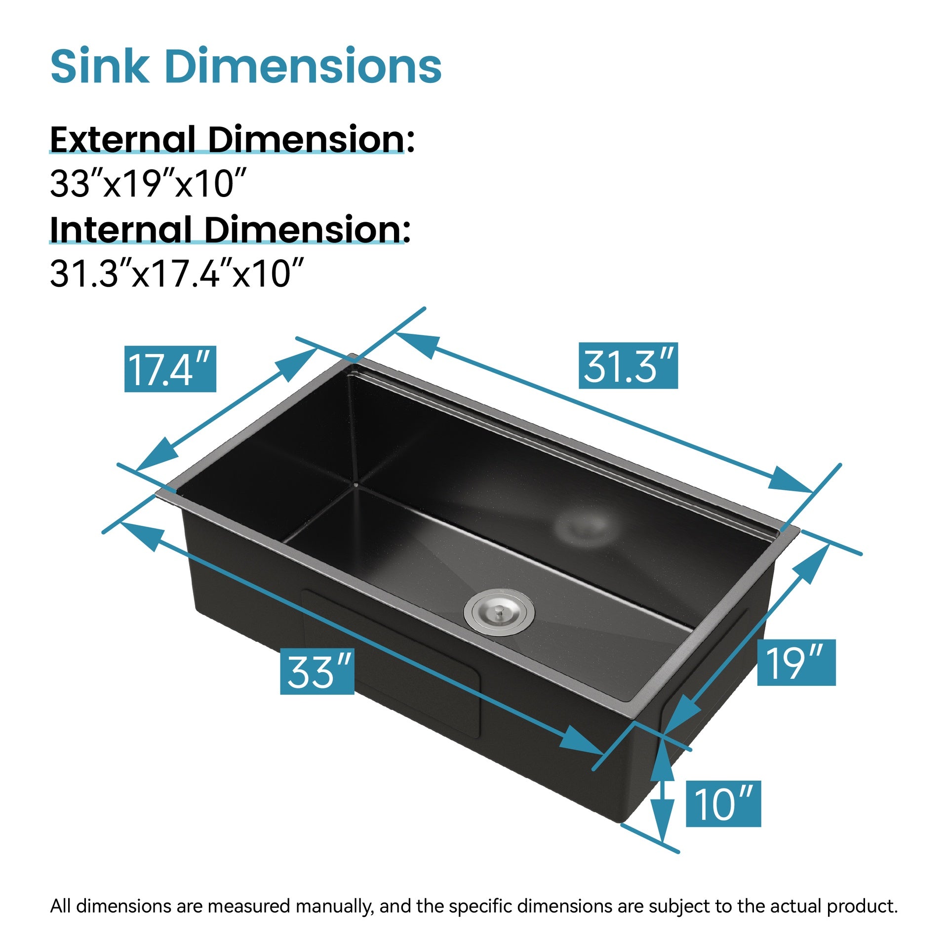 Kitchen Sink 33"x19" Multifunctional undermount Flying Rain Waterfall S304 Stainless Steel Handmade Modern Single Bowl Kitchen Sink Black