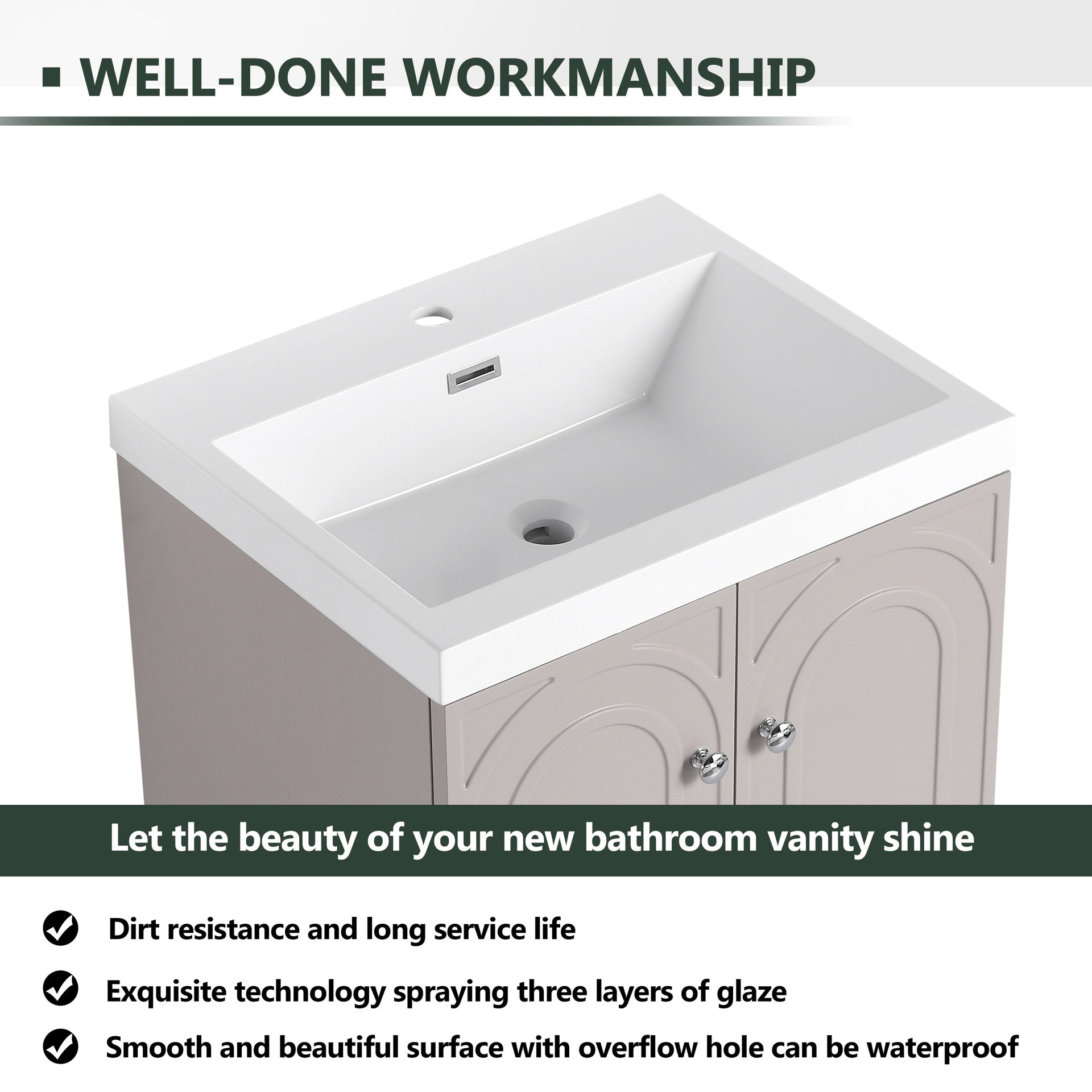 24" Freestanding Bathroom Vanity with White Resin Sink  & 2 Soft-Close Cabinet Doors (KD-Packing)