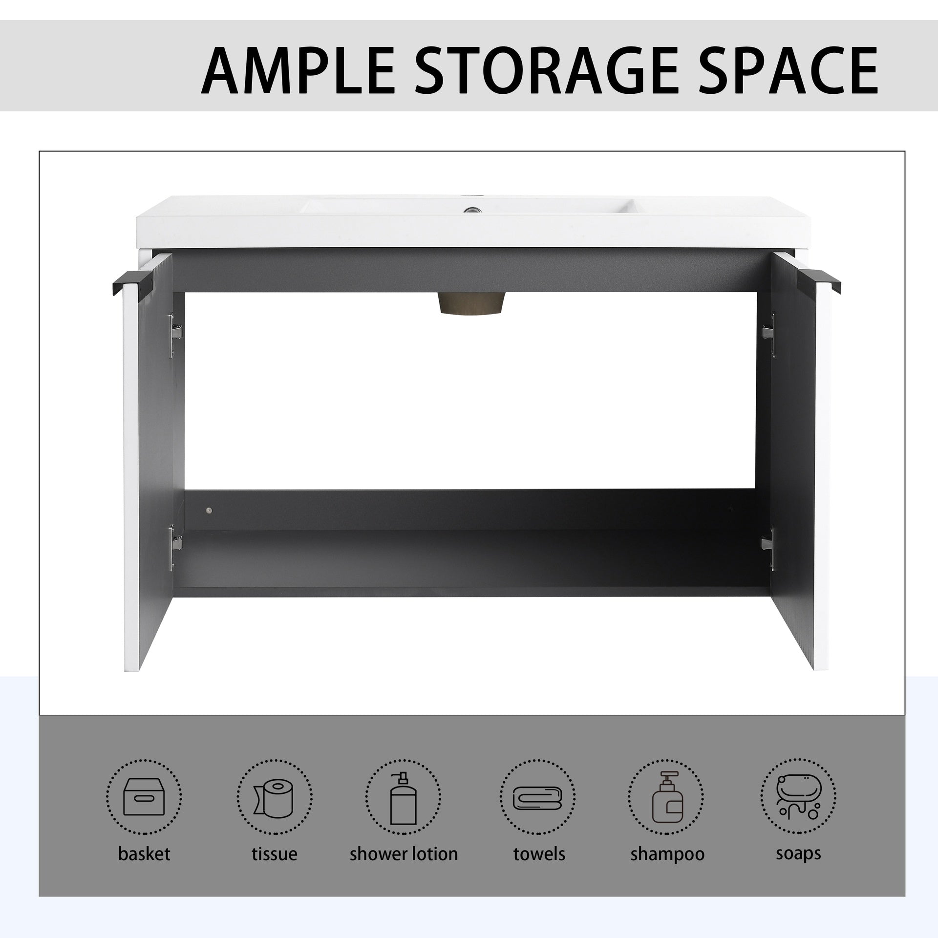 36" Wall Mounted Bathroom Vanity with Resin Sink & 2 Soft-Close Doors (KD-Packing)