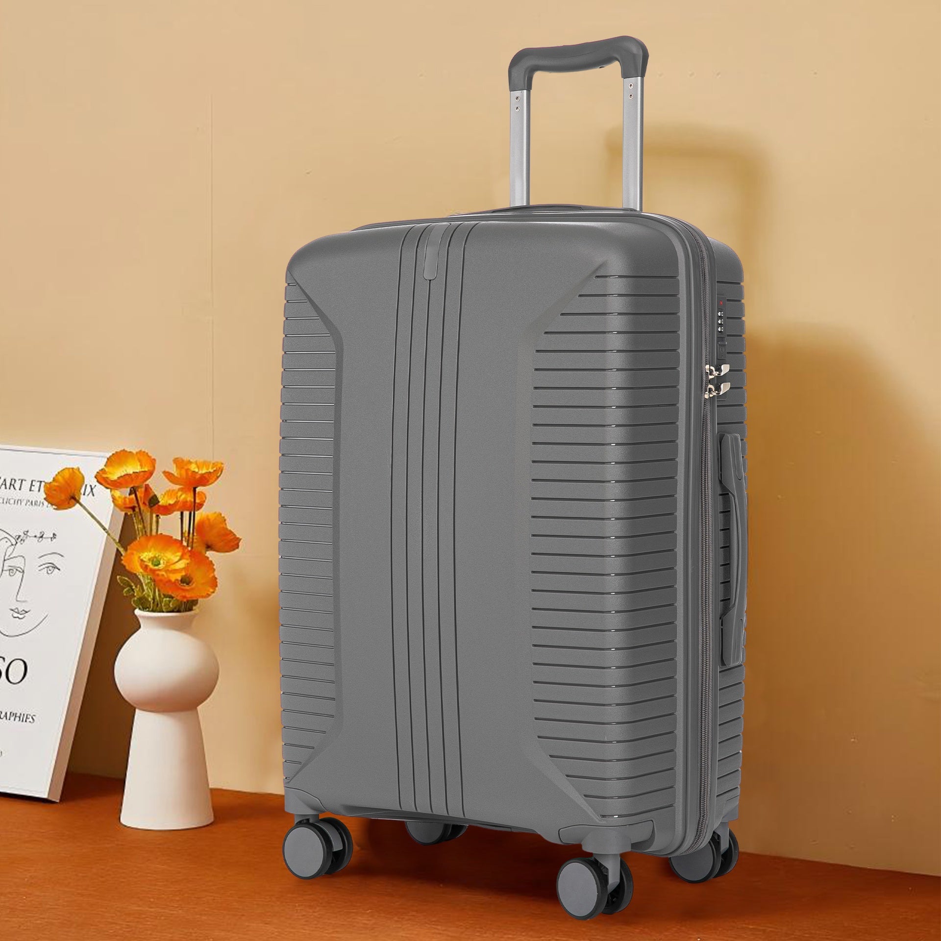 20"/24"/28" 3 pcs/set in PP Spinner Wheel Luggage, Carry on Suitcase, Matching Color, Combination Lock (Silver grey)