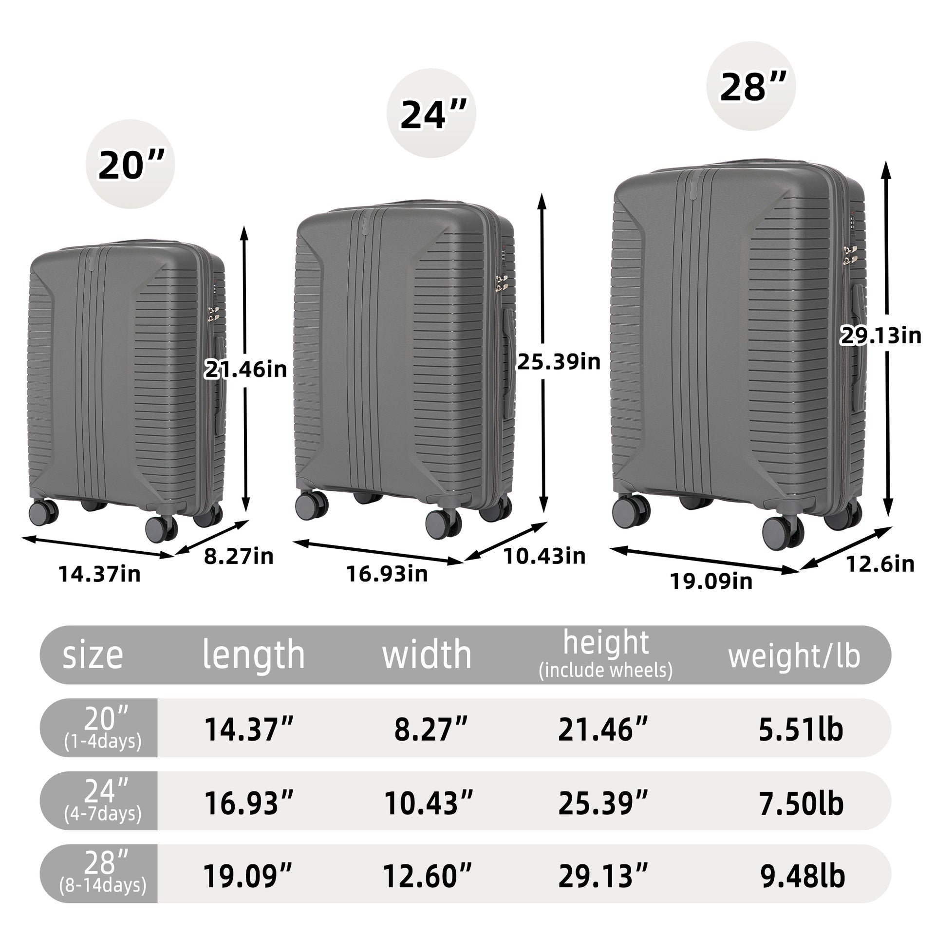 20"/24"/28" 3 pcs/set in PP Spinner Wheel Luggage, Carry on Suitcase, Matching Color, Combination Lock (Silver grey)