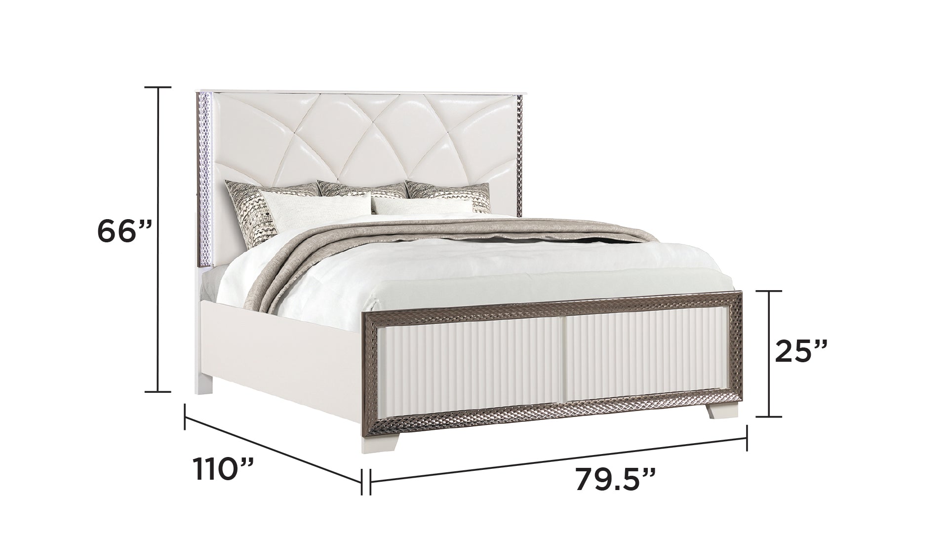 Fabio Contemporary Style King Tufted Bed Made with Diamond-Shaped Side Accents and LED Lighting and Wood in White Finish(NJ INVENTORY)