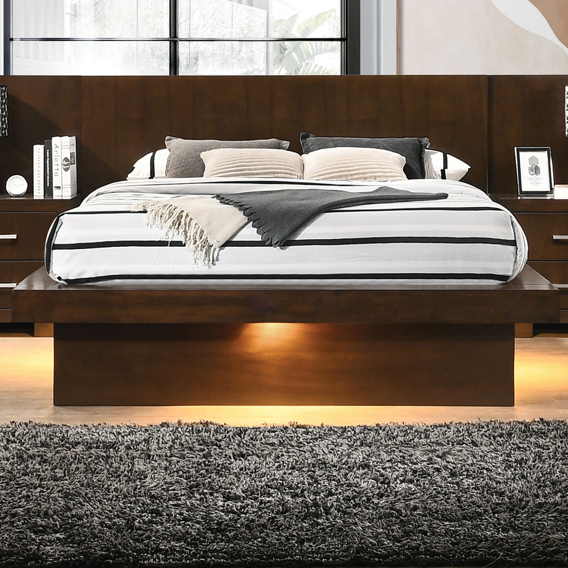 Tokyo Cappuccino Wood Queen LED Panel Bed