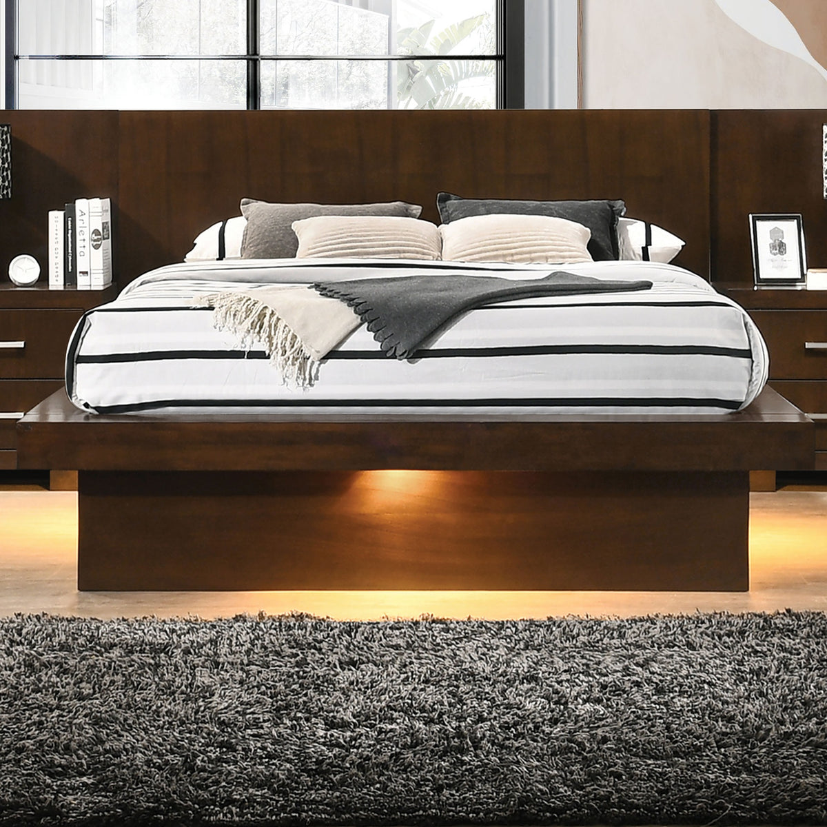 Tokyo Cappuccino Wood Queen LED Panel Bed