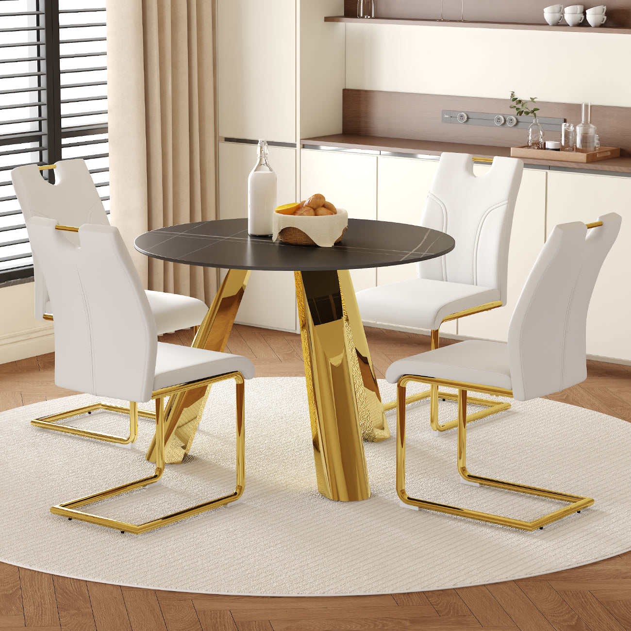 Table and chair set.A 42-inch stainless steel leg round table.Paired with 4 Uniquely designed White Dining Chairs With Golden Metal Leg.Sintered Stone Tabletop,Golden Stainless Steels Table Legs.