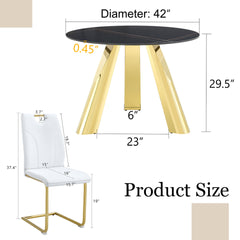 Table and chair set.A 42-inch stainless steel leg round table.Paired with 4 Uniquely designed White Dining Chairs With Golden Metal Leg.Sintered Stone Tabletop,Golden Stainless Steels Table Legs.