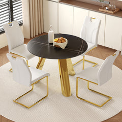 Table and chair set.A 42-inch stainless steel leg round table.Paired with 4 Uniquely designed White Dining Chairs With Golden Metal Leg.Sintered Stone Tabletop,Golden Stainless Steels Table Legs.