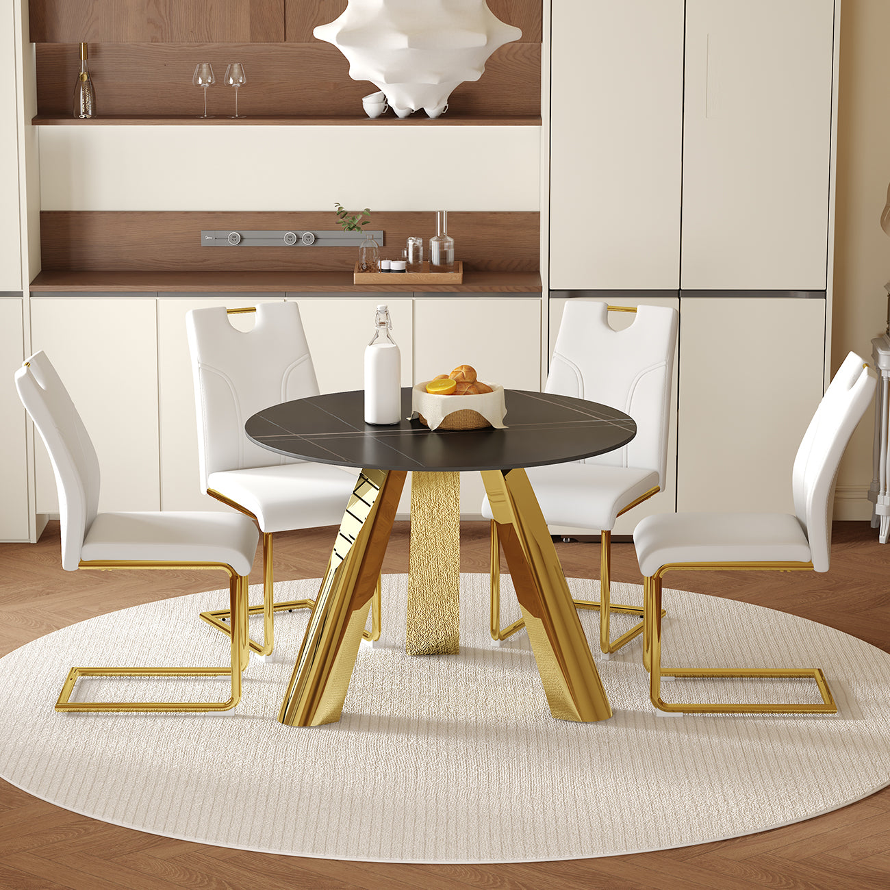 Table and chair set.A 42-inch stainless steel leg round table.Paired with 4 Uniquely designed White Dining Chairs With Golden Metal Leg.Sintered Stone Tabletop,Golden Stainless Steels Table Legs.