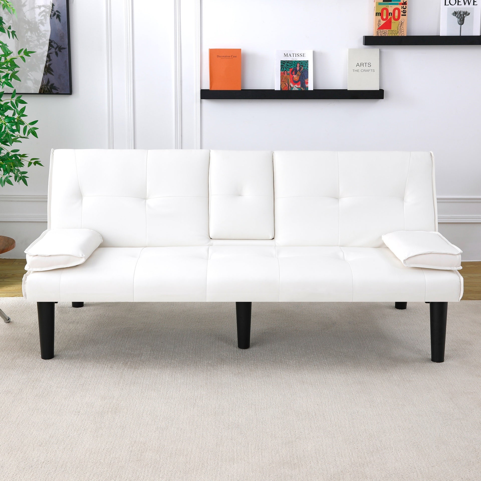 The 67-inch white PVC multi-functional sofa bed, with a foldable and cup holder design, makes it extremely convenient to turn the living room into a guest room