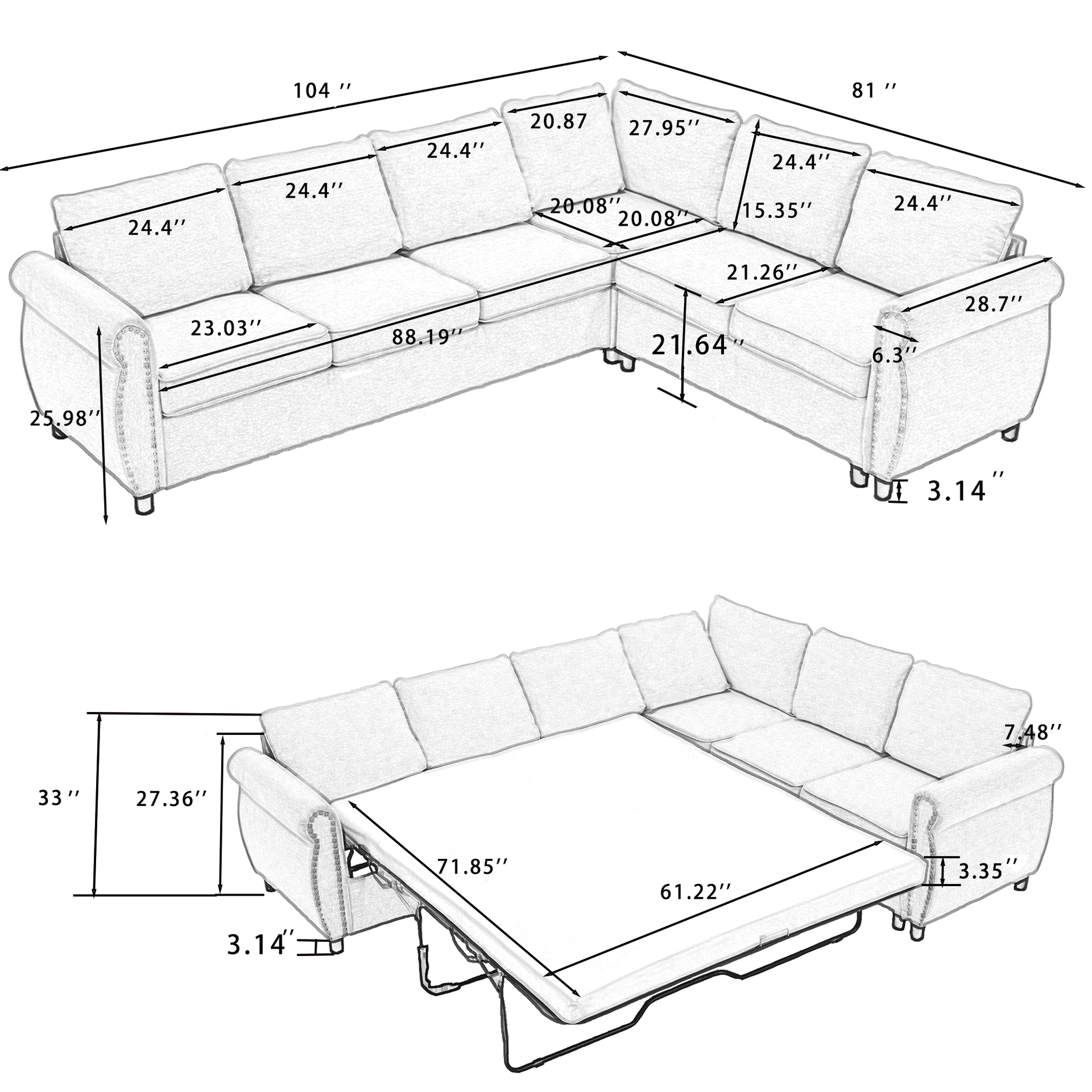 [NEW ARRIVED] [VIDEO PROVIDED] Sleeper Sofa, 2 in 1 Pull Out Couch Bed,6 seater sofa bed, L Shaped Sleeper Sectional Sofa Couch,Riveted sofa,104'' Large combined sofa Bed in living room, GRAY