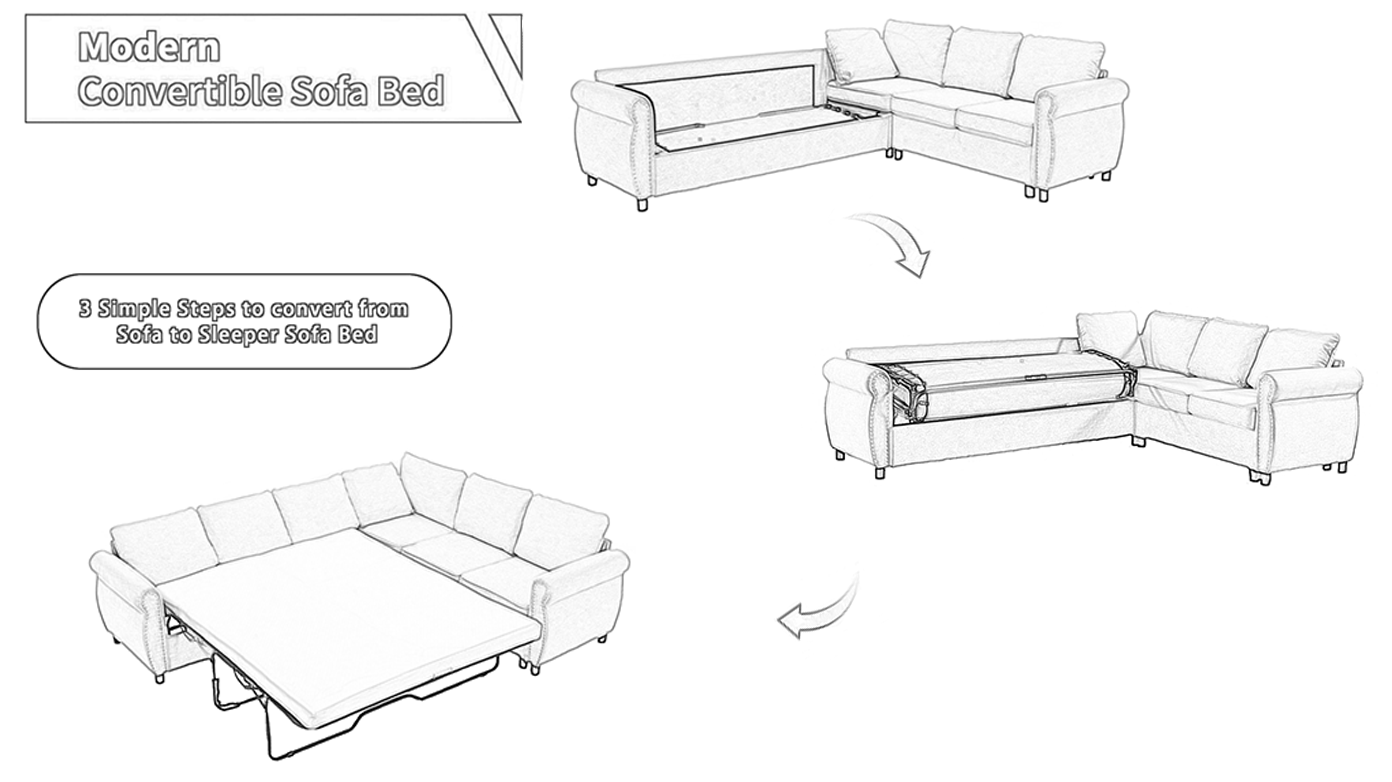 [NEW ARRIVED] [VIDEO PROVIDED] Sleeper Sofa, 2 in 1 Pull Out Couch Bed,6 seater sofa bed, L Shaped Sleeper Sectional Sofa Couch,Riveted sofa,104'' Large combined sofa Bed in living room,  BEIGE
