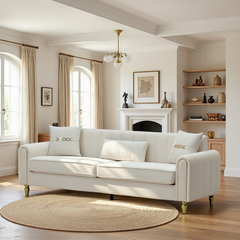FX-P11-CW (SOFA)87.4 Inches 3 Seater Sofa for Living Room, Upholstered Couch with High Resilience Foam, Pocket Spring Seat, Decorative Pillows, and Sturdy Metal Legs
