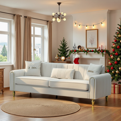 FX-P11-CW (SOFA)87.4 Inches 3 Seater Sofa for Living Room, Upholstered Couch with High Resilience Foam, Pocket Spring Seat, Decorative Pillows, and Sturdy Metal Legs