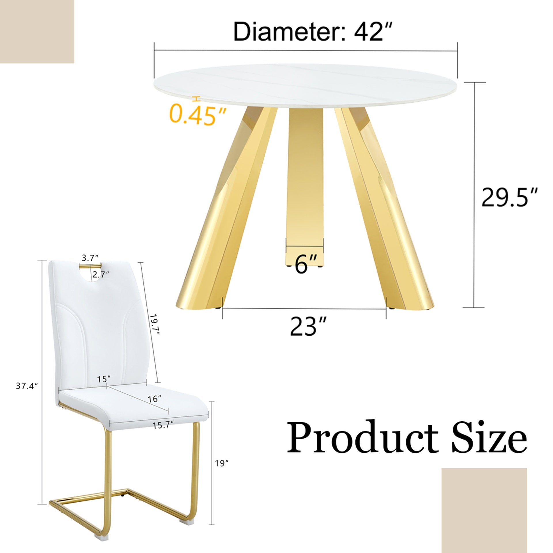 Table and chair set.A 42-inch stainless steel leg round table.Paired with 6 Uniquely designed White Dining Chairs With Golden Metal Leg.Snow Mountain White Texture Sintered Stone Tabletop.