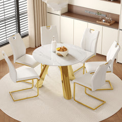 Table and chair set.A 42-inch stainless steel leg round table.Paired with 6 Uniquely designed White Dining Chairs With Golden Metal Leg.Snow Mountain White Texture Sintered Stone Tabletop.