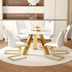 Table and chair set.A 42-inch stainless steel leg round table.Paired with 6 Uniquely designed White Dining Chairs With Golden Metal Leg.Snow Mountain White Texture Sintered Stone Tabletop.