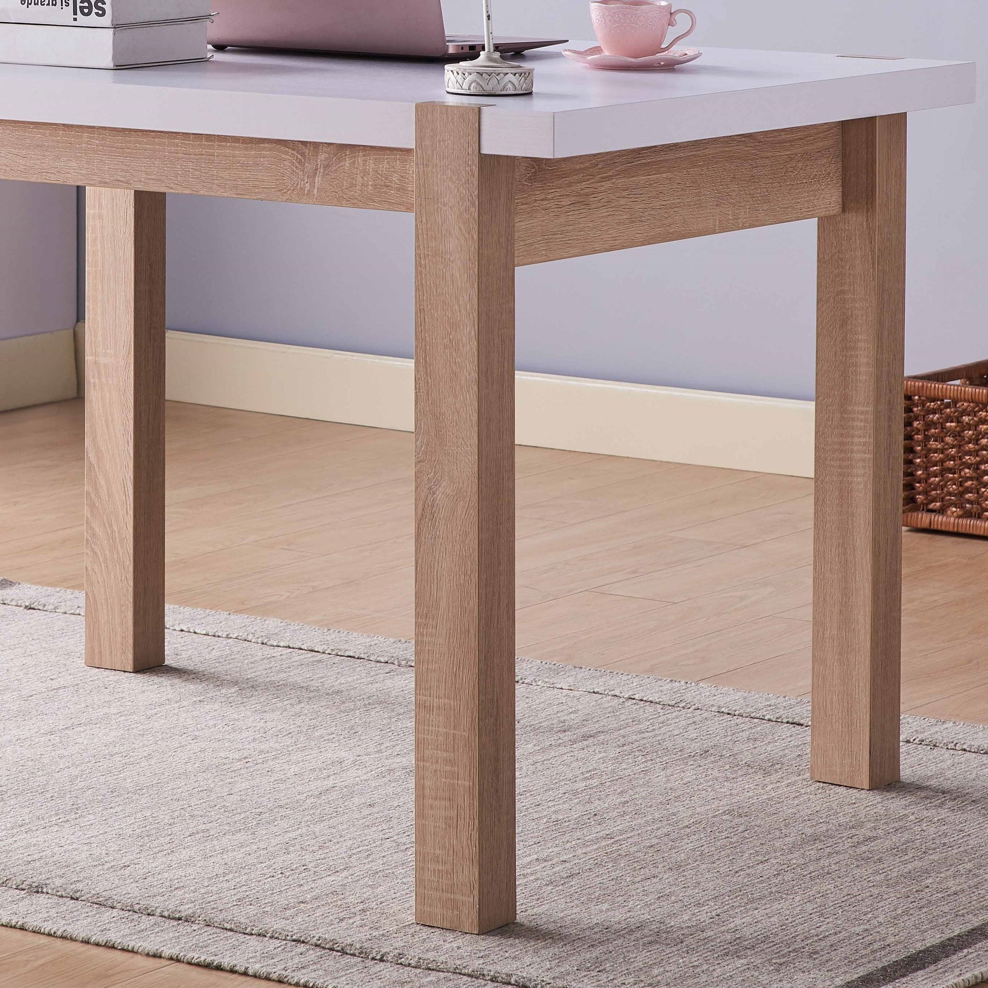 Dining Table Solid Wood Four Leg Posts Two Tone Color Thick Sturdy Hollow Core Construction Table Top