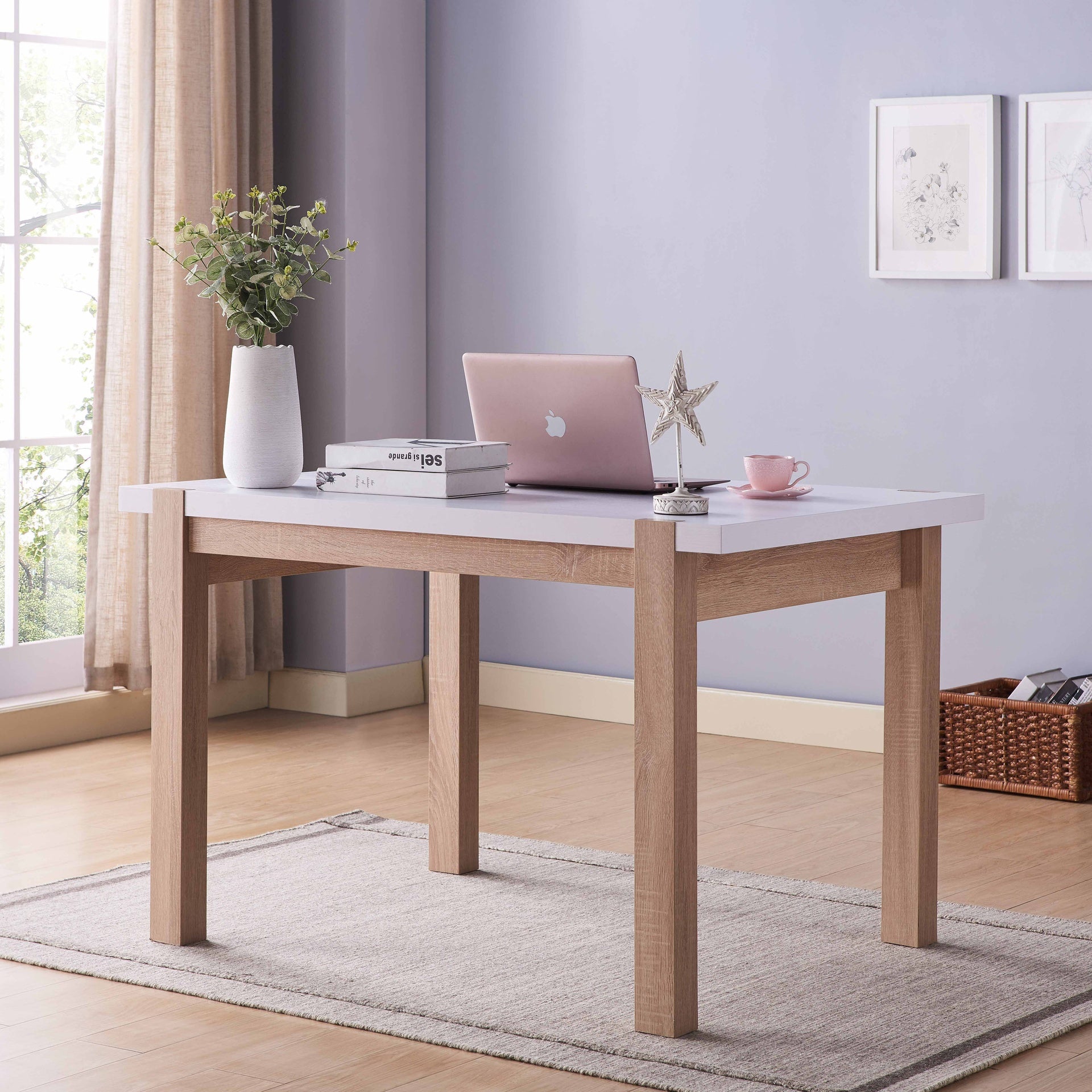 Dining Table Solid Wood Four Leg Posts Two Tone Color Thick Sturdy Hollow Core Construction Table Top