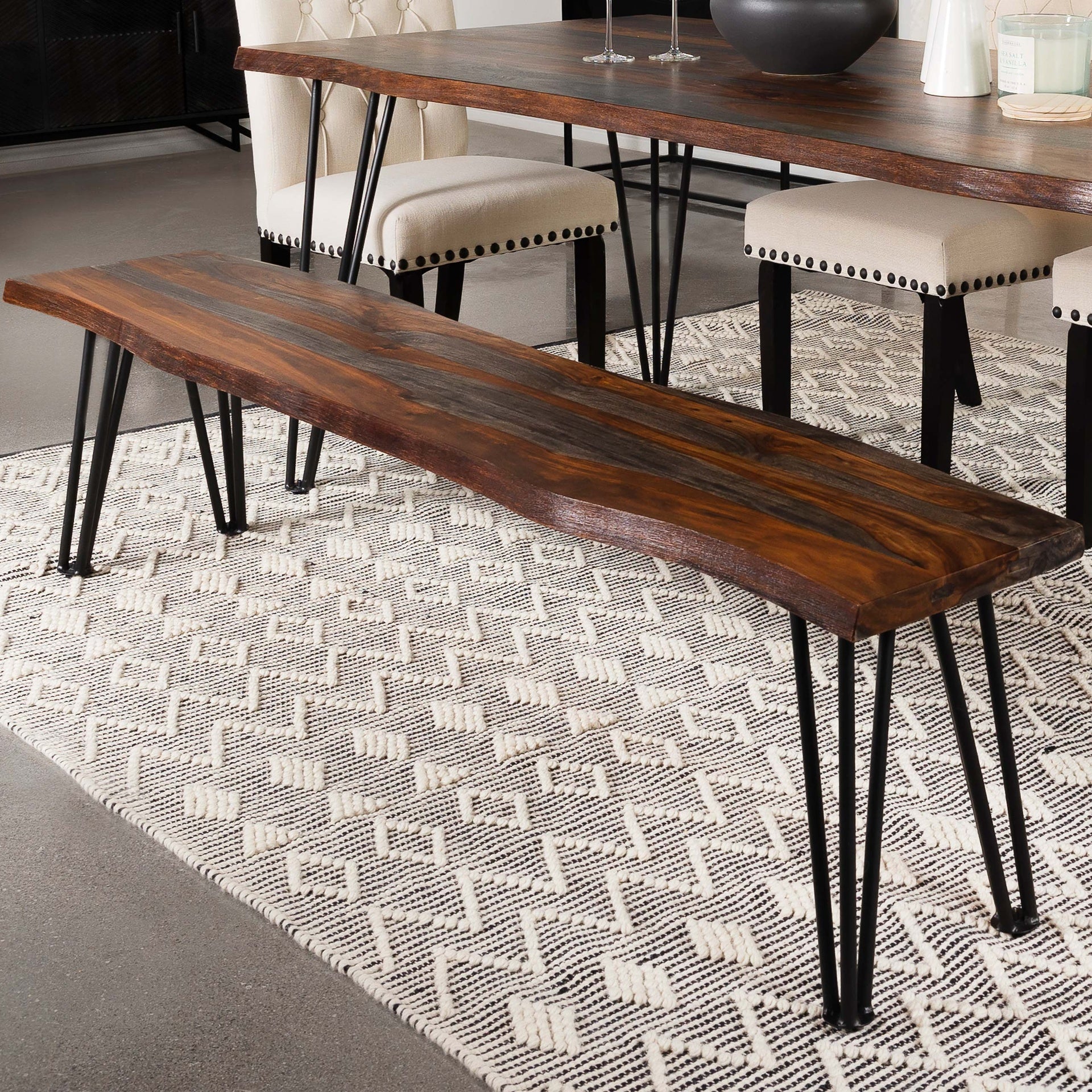 Neve Grey Sheesham Live Edge Wood Dining Bench Hairpin Legs