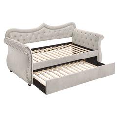 Beige Upholstered Twin Daybed with Trundle