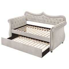 Beige Upholstered Twin Daybed with Trundle