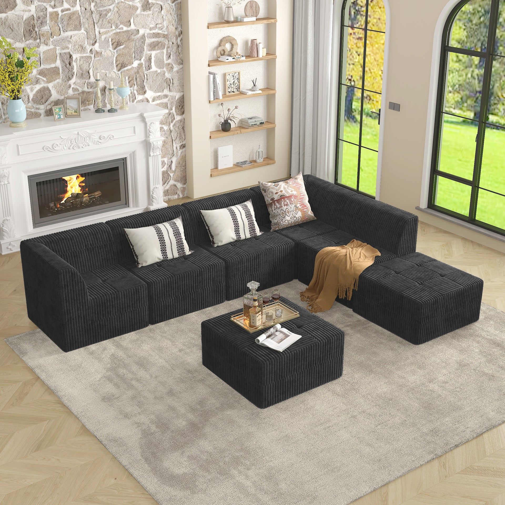 Ottoman sofa Compressed Sectional Sofa Modern Minimalist Style Corduroy Couch, Sleeper Sofa for Living Room, Bedroom, Comfy Compressed Sofa Couch Space-Efficient Design-black