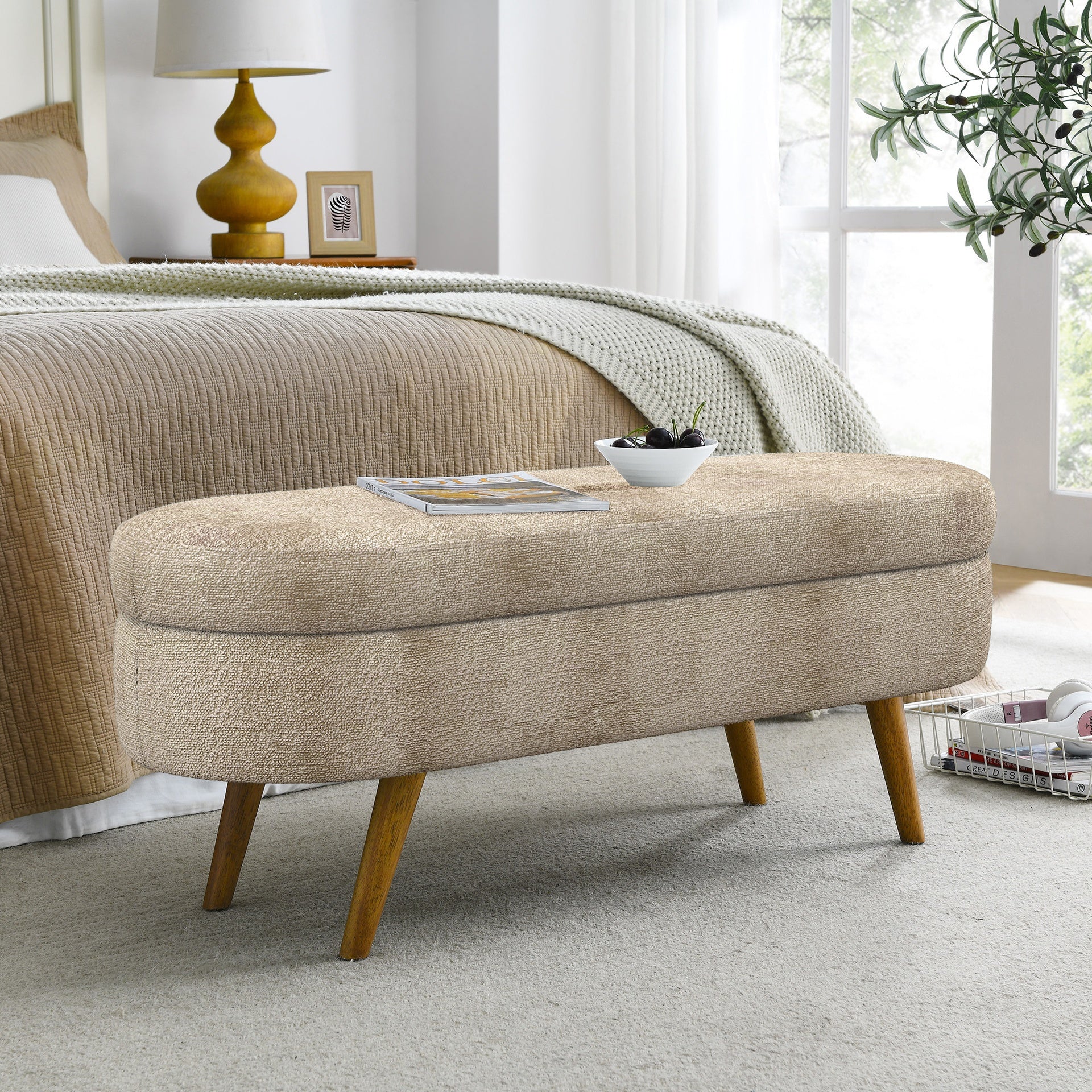 Ottoman Oval Storage Bench,Rubber Wood Legs, Gray (43.5"x16"x16")Brown