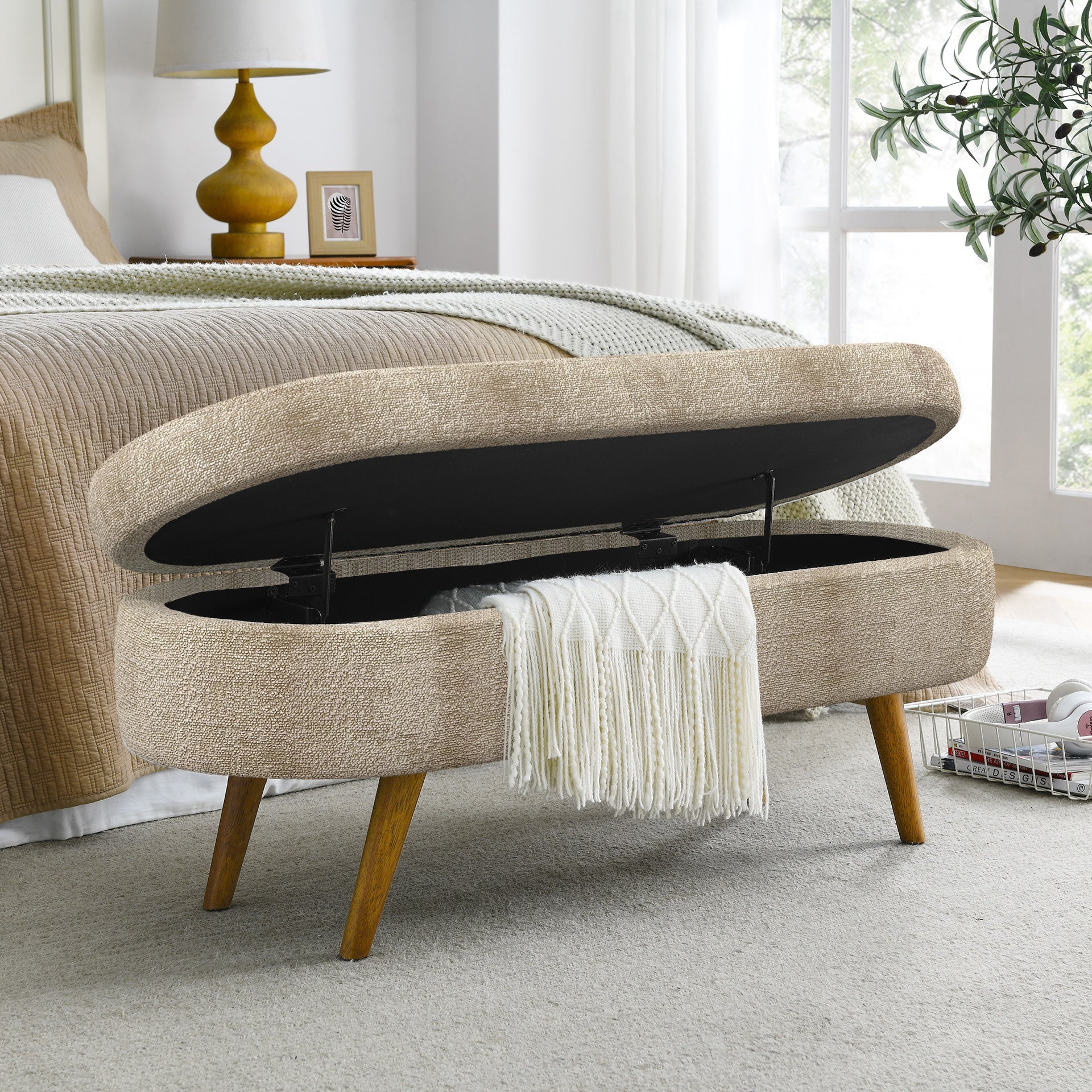 Ottoman Oval Storage Bench,Rubber Wood Legs, Gray (43.5"x16"x16")Brown