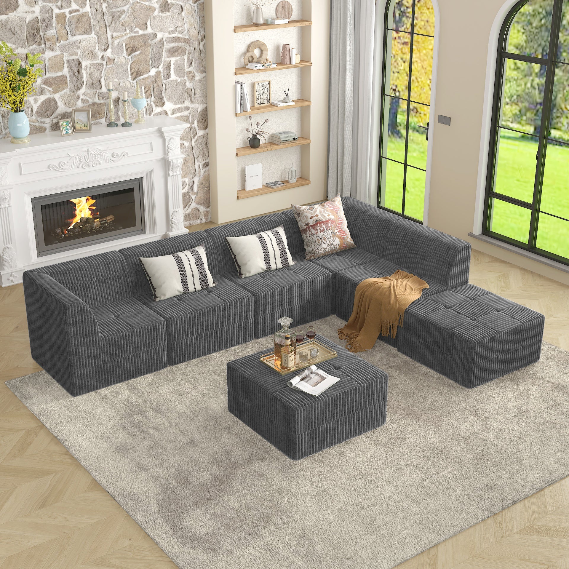 Ottoman sofa Compressed Sectional Sofa Modern Minimalist Style Corduroy Couch, Sleeper Sofa for Living Room, Bedroom, Comfy Compressed Sofa Couch Space-Efficient Design-grey