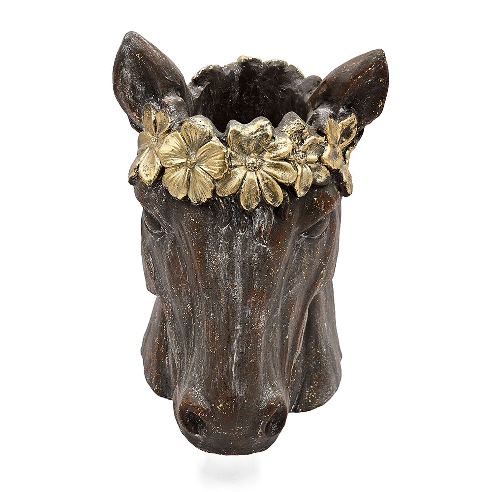 14.5x8.5x13.5" Magnesium Horse Statue Planter with Textured Brown Finish and Gold Leaf Crown