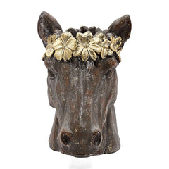 14.5x8.5x13.5" Magnesium Horse Statue Planter with Textured Brown Finish and Gold Leaf Crown