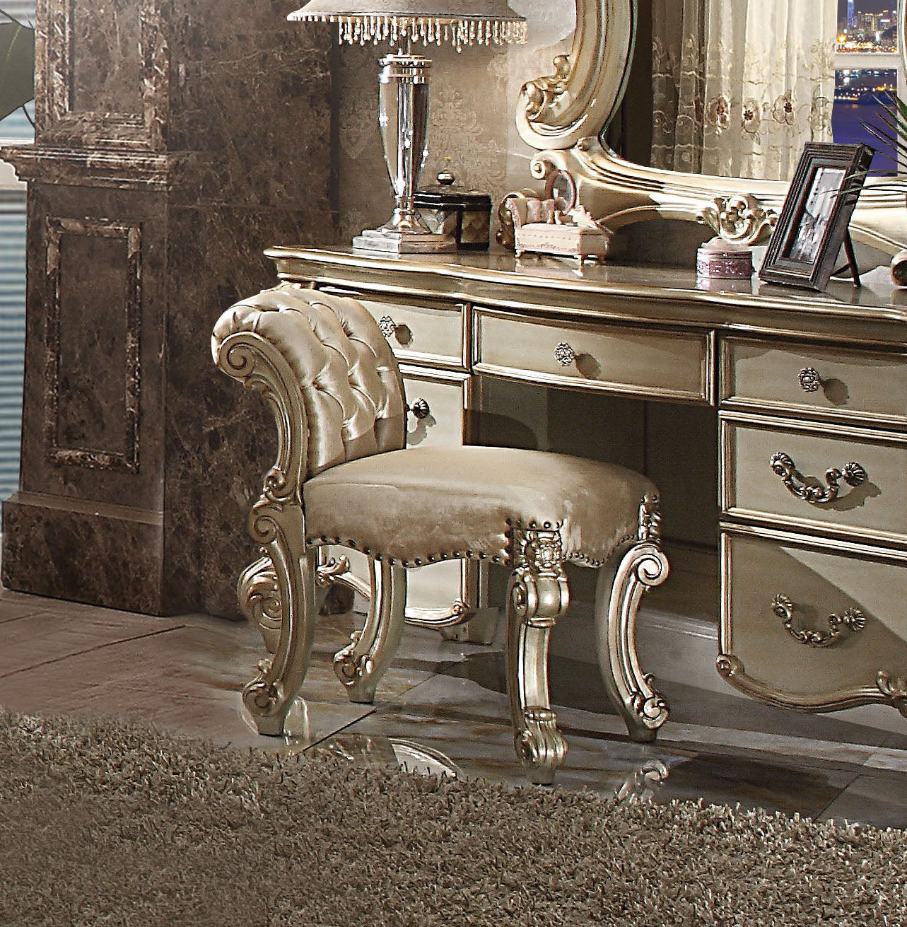 Gold Patina and Bone Vanity Stool with Nailhead Trim
