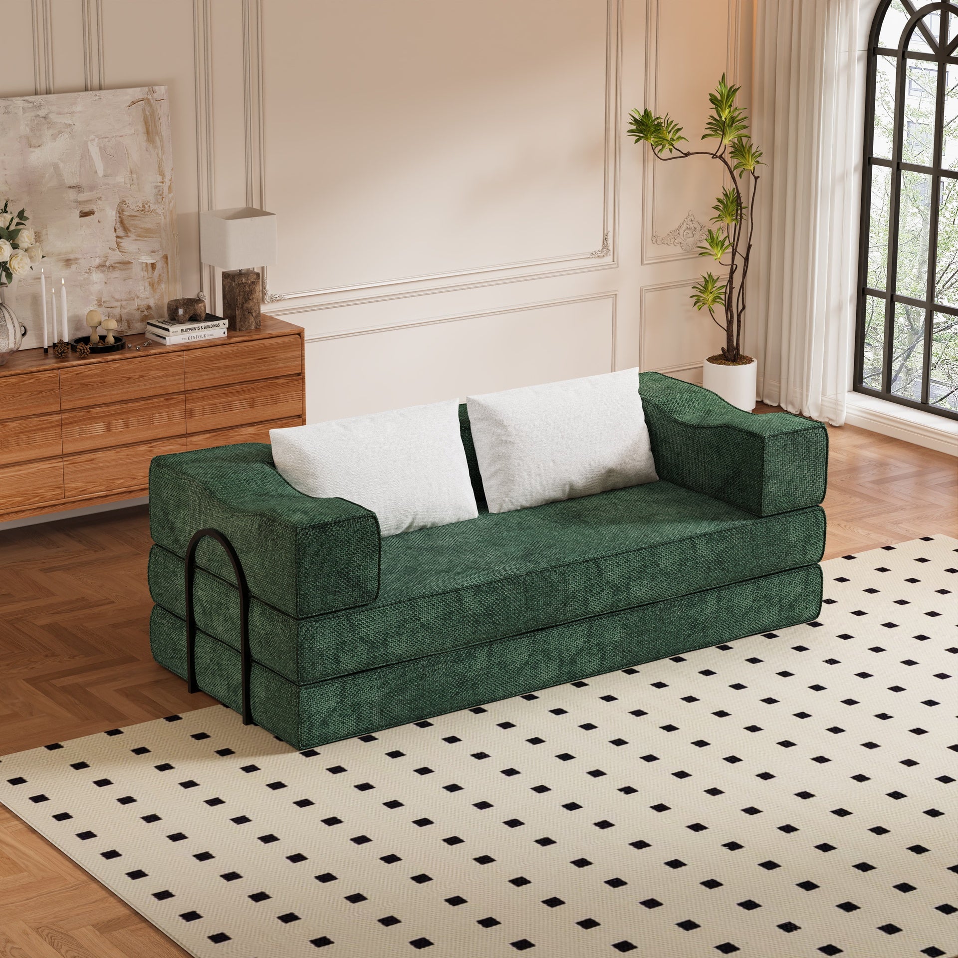 80" Convertible Couch Bed with 2 Pillows, 3-Seat Folding Floor Couch & King Size Bed Mattress, DIY Combination,Chenille,GREEN