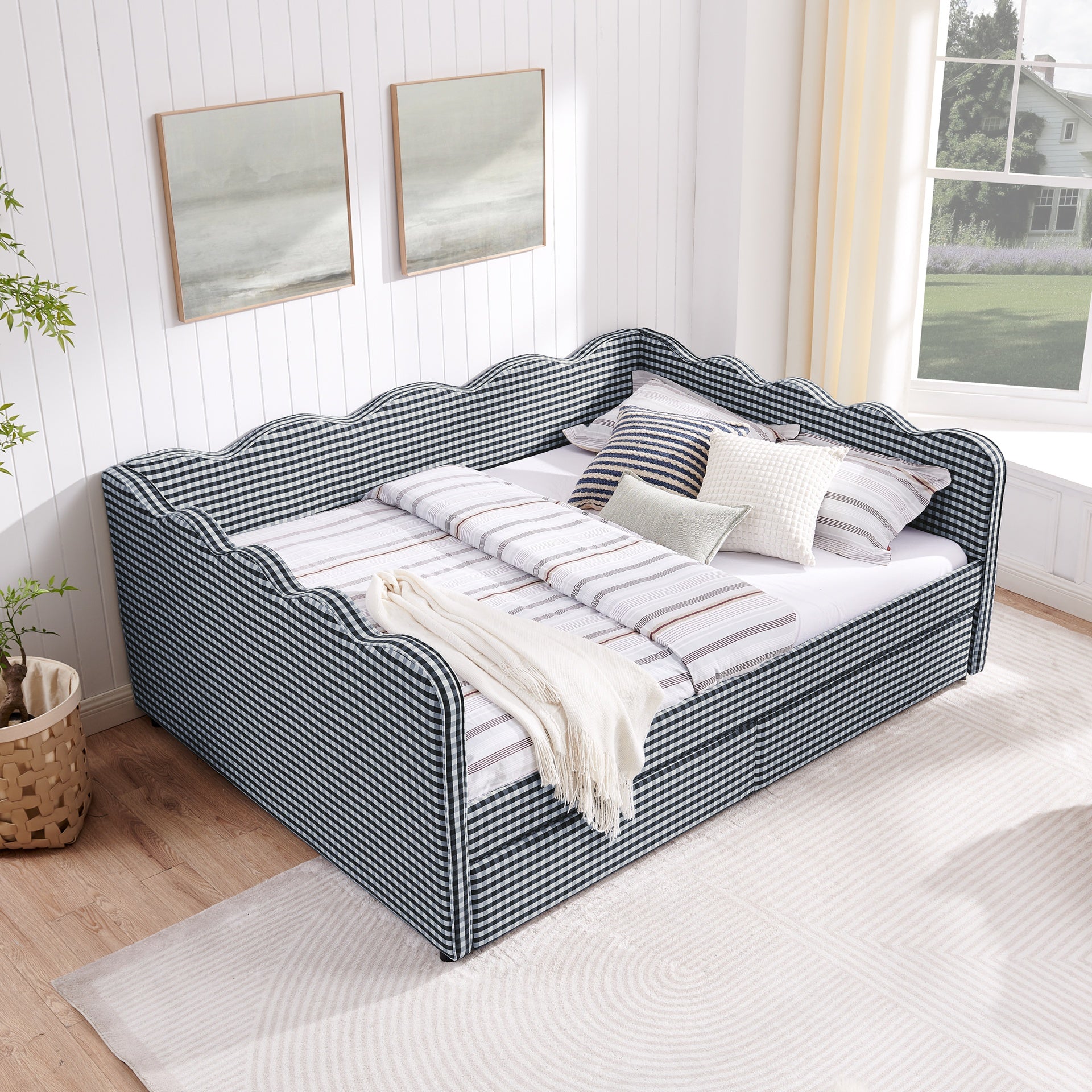Queen Size Cozy Gingham Daybed with Two Storage Drawers, with USB Port and Adorable Wave Shaped, Linen Fabric