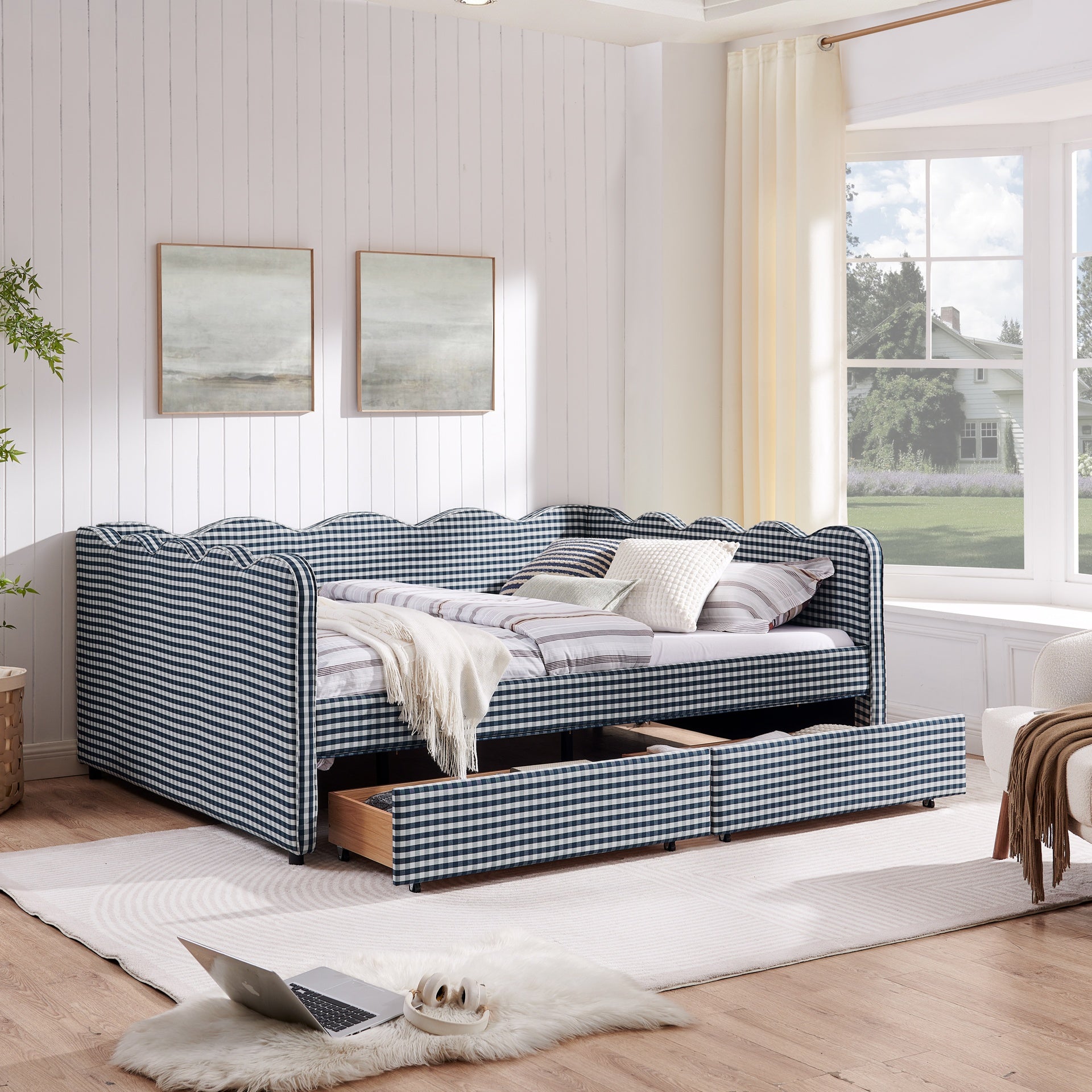 Queen Size Cozy Gingham Daybed with Two Storage Drawers, with USB Port and Adorable Wave Shaped, Linen Fabric