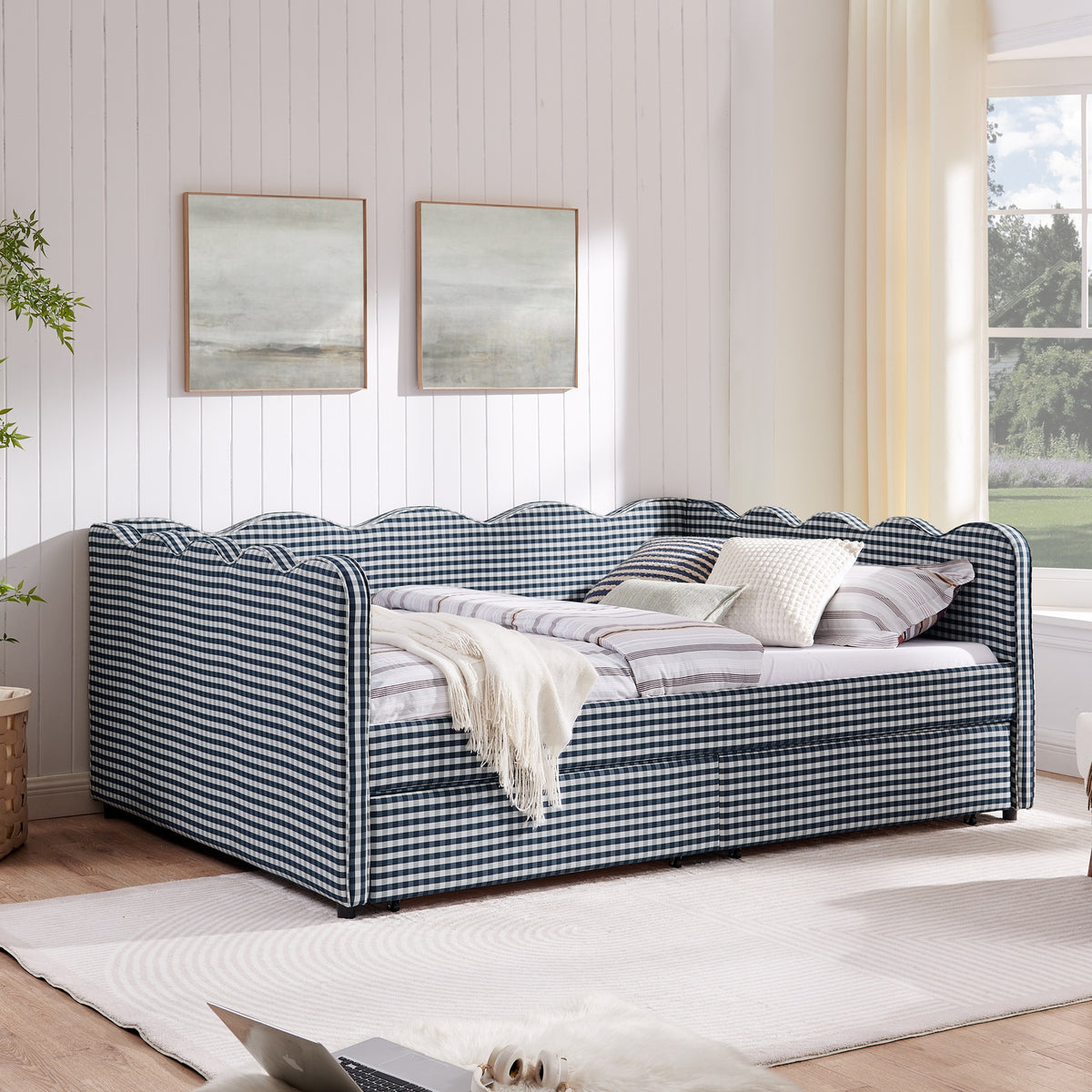 Queen Size Cozy Gingham Daybed with Two Storage Drawers, with USB Port and Adorable Wave Shaped, Linen Fabric