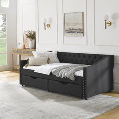 Twin Size Daybed with Drawers Upholstered Tufted Sofa Bed, with Button on Back and Copper Nail on Waved Shape Arms(81.5''x4''x30.5'')