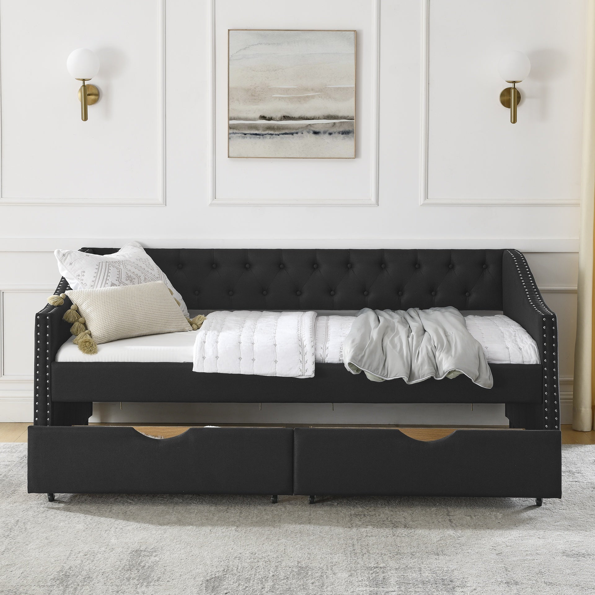 Twin Size Daybed with Drawers Upholstered Tufted Sofa Bed, with Button on Back and Copper Nail on Waved Shape Arms(81.5''x4''x30.5'')