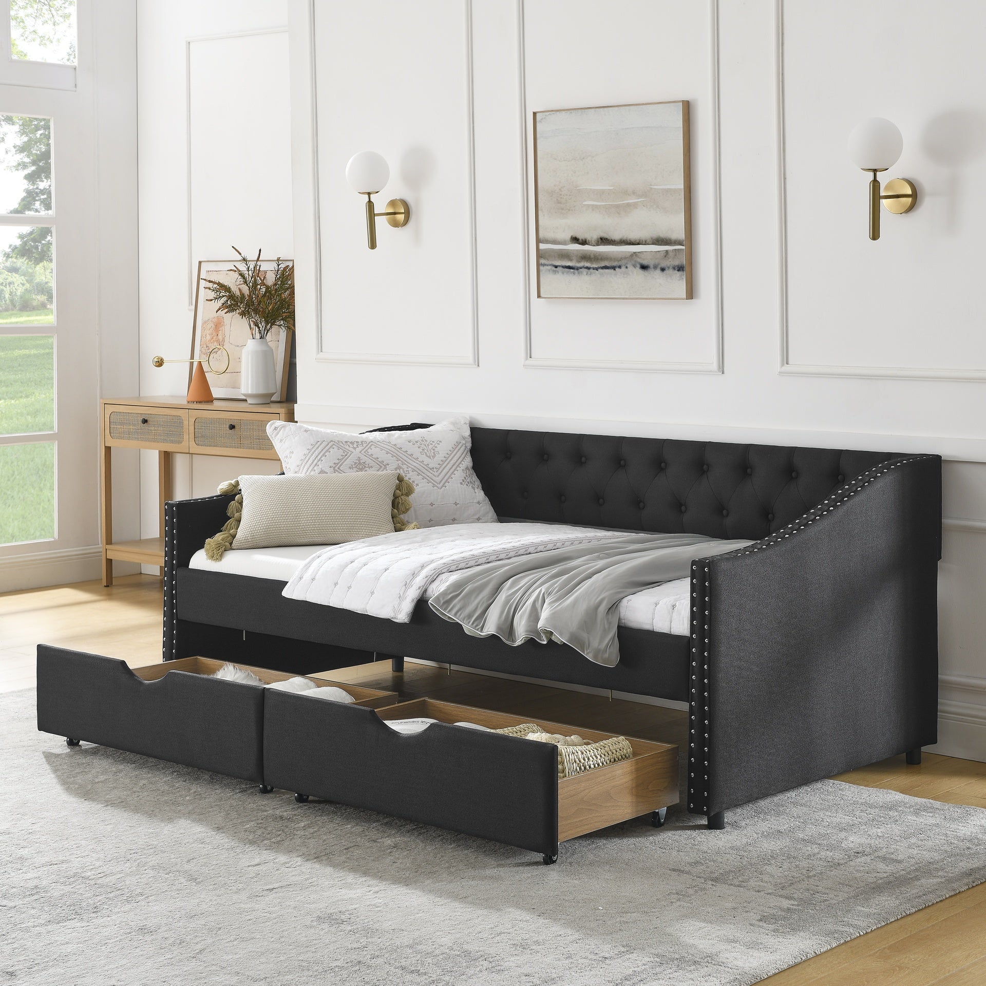 Twin Size Daybed with Drawers Upholstered Tufted Sofa Bed, with Button on Back and Copper Nail on Waved Shape Arms(81.5''x4''x30.5'')