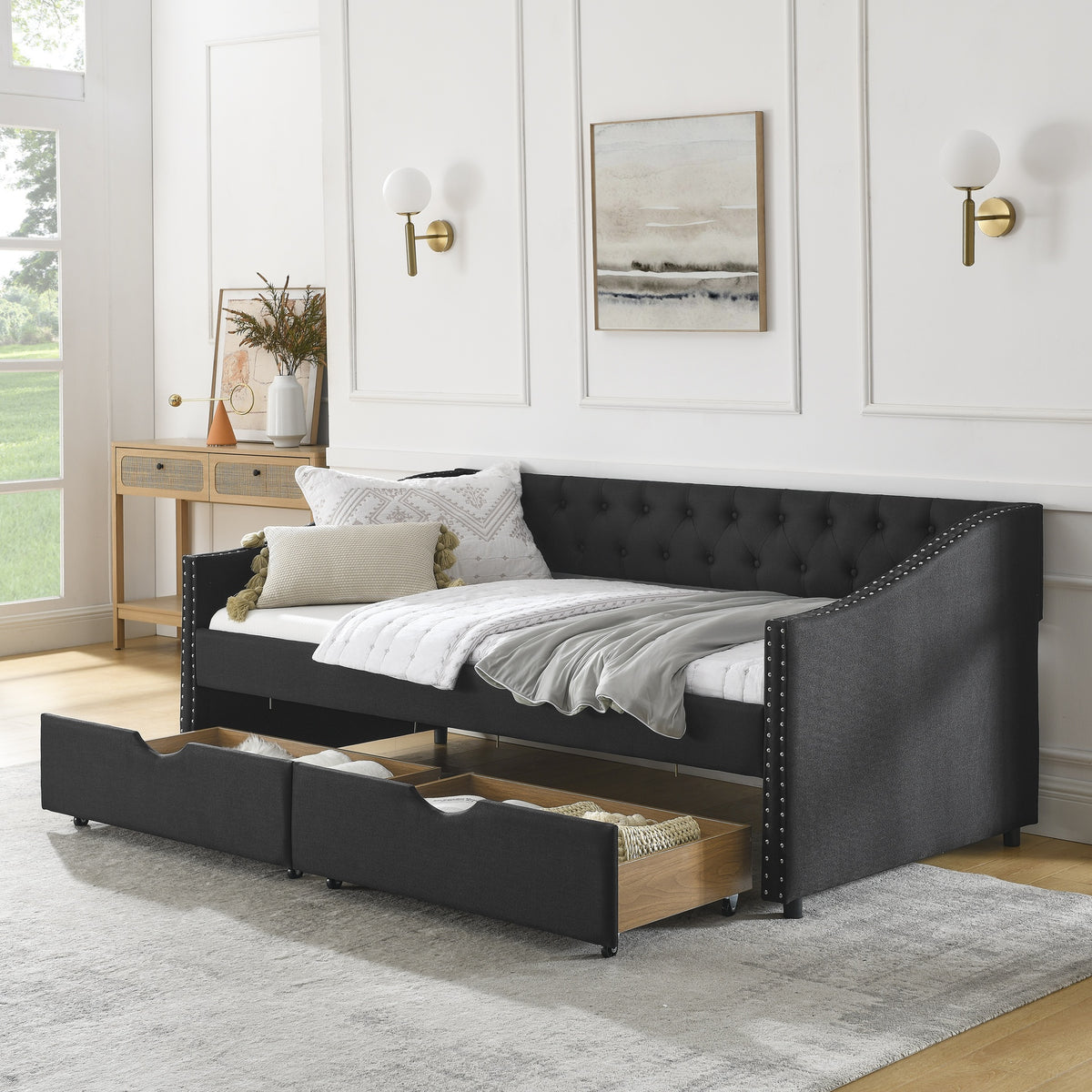 Twin Size Daybed with Drawers Upholstered Tufted Sofa Bed, with Button on Back and Copper Nail on Waved Shape Arms(81.5''x4''x30.5'')