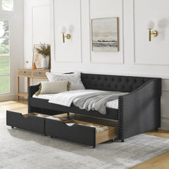 Twin Size Daybed with Drawers Upholstered Tufted Sofa Bed, with Button on Back and Copper Nail on Waved Shape Arms(81.5''x4''x30.5'')