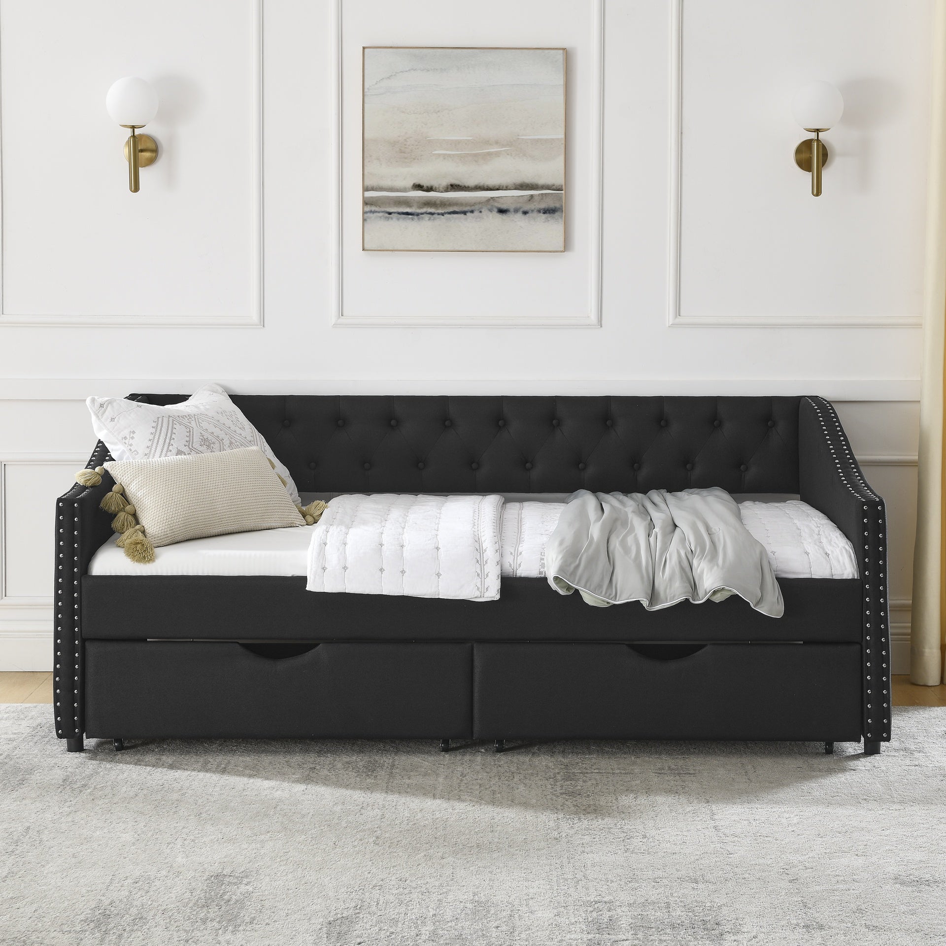 Twin Size Daybed with Drawers Upholstered Tufted Sofa Bed, with Button on Back and Copper Nail on Waved Shape Arms(81.5''x4''x30.5'')